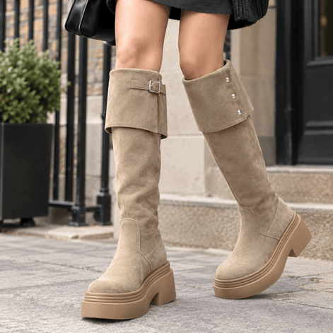 Venturi Faux Suede Platform Over-the-Knee Boots with Foldover Cuff and Buckle Detail