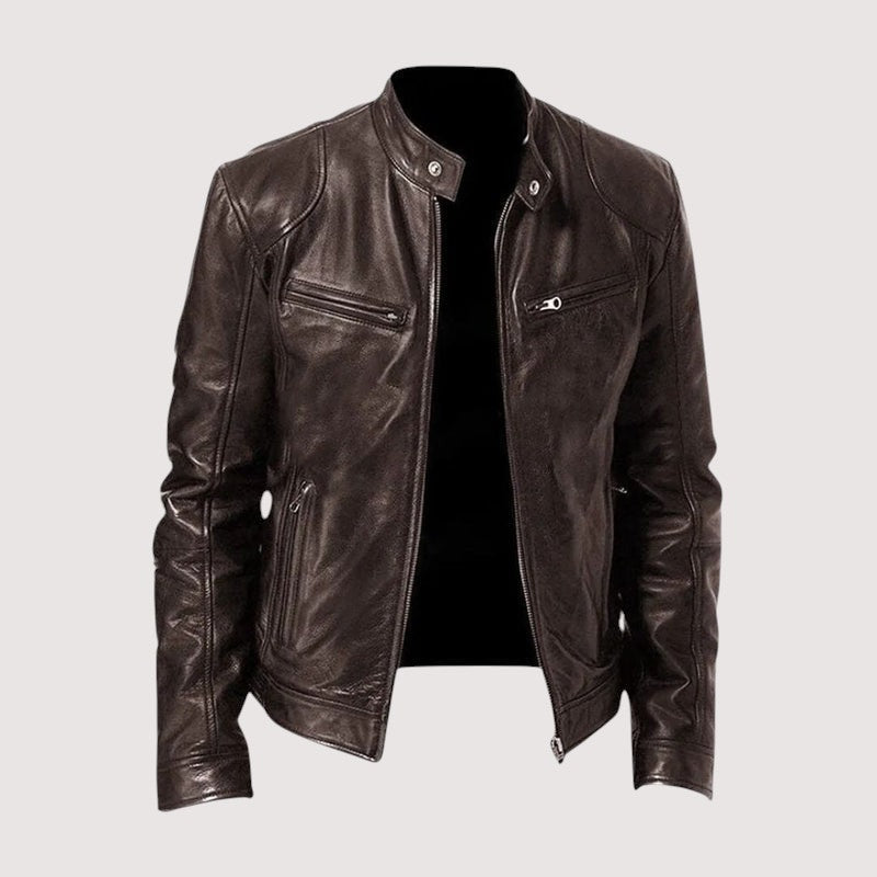 Genuine Leather Moto Jacket with Structured Zip Detailing for Men