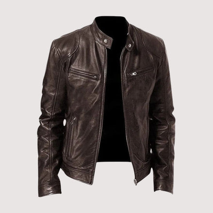 Genuine Leather Moto Jacket with Structured Zip Detailing for Men