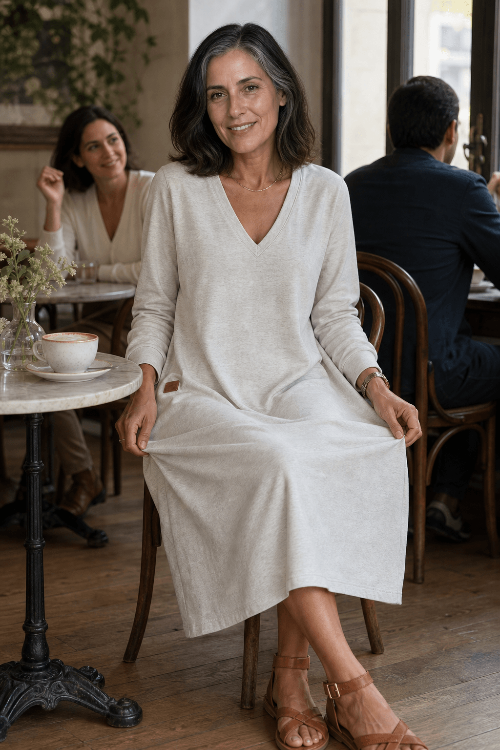 Women's A-Line V-Neck Midi Dress with Long Sleeves