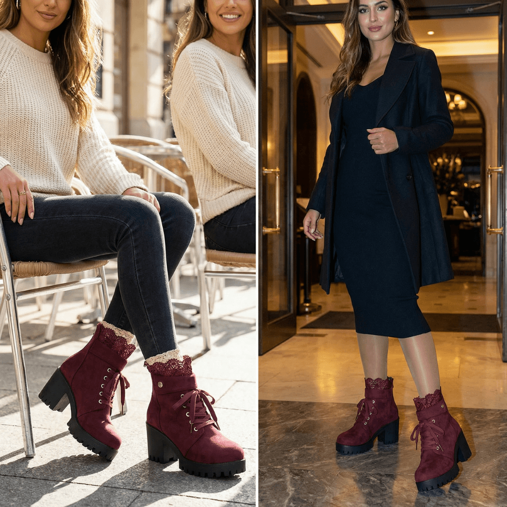 Lacelle Suede Women's Ankle Boots with Lace Trim and Chunky Block Heel