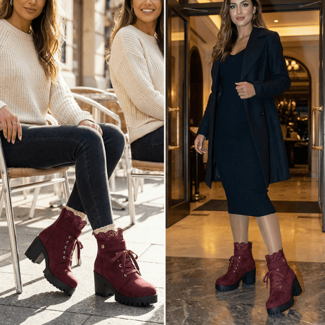 Lacelle Suede Women's Ankle Boots with Lace Trim and Chunky Block Heel