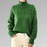 Women's Cable Knit High-Neck Jumper with Textured Yoke and Ribbed Cuffs