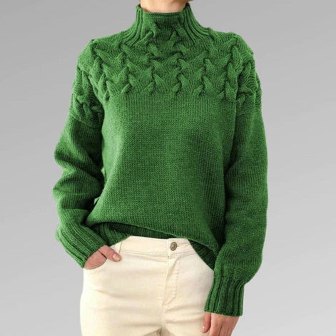 Women's Cable Knit High-Neck Jumper with Textured Yoke and Ribbed Cuffs