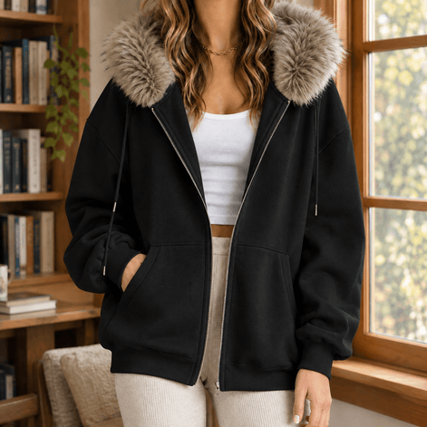 Ardith Oversized Fleece Hoodie with Fur-Trimmed Hood and Full-Length Zip