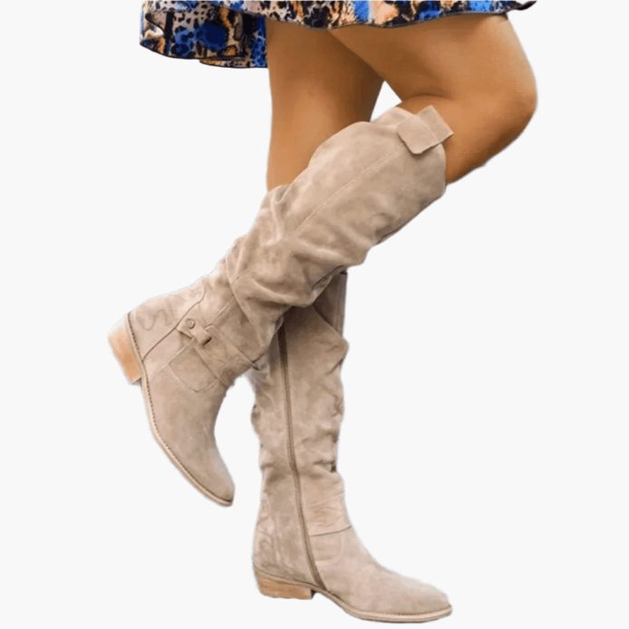 Slouchy Suede Knee High Boots for Women with Buckle Trim