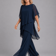 Women's Chiffon Two-Piece Co-Ord Set with Layered Top and Wide-Leg Trousers