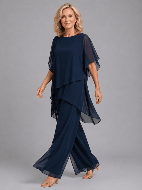 Women's Chiffon Two-Piece Co-Ord Set with Layered Top and Wide-Leg Trousers