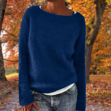 Women's Textured Boat Neck Knitted Jumper with Long Sleeves