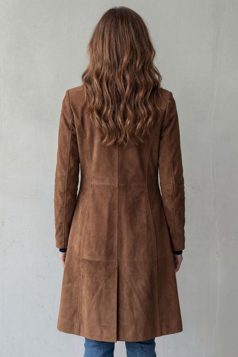 Suede-Effect Longline Coat with Tailored Waist for Women in Winter