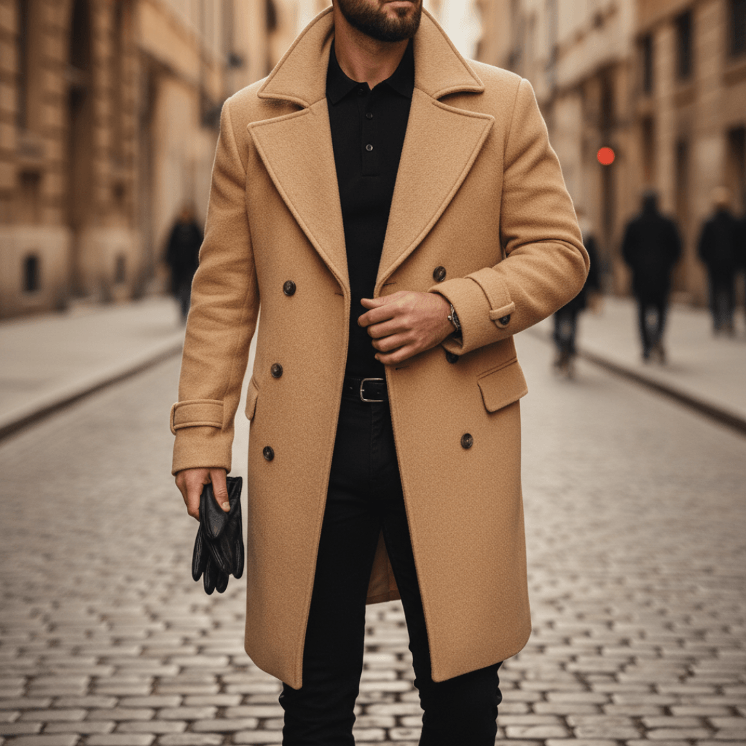 Double-Breasted Wool Blend Overcoat with Wide Notched Lapels