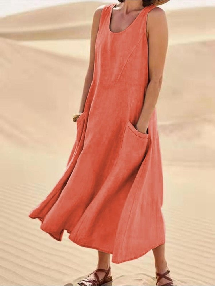 Sleeveless Linen Midi Dress with Pockets for a Christmas Party