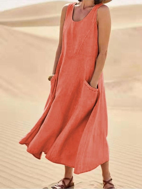 Sleeveless Linen Midi Dress with Pockets for a Christmas Party