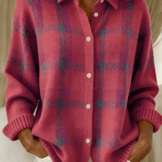 Anna Plaid Button-Up Knitted Cardigan with Collar for Women
