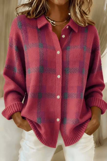 Anna Plaid Button-Up Knitted Cardigan with Collar for Women