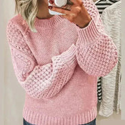 Hazel Textured Crew Neck Women's Knitted Jumper with Balloon Sleeves