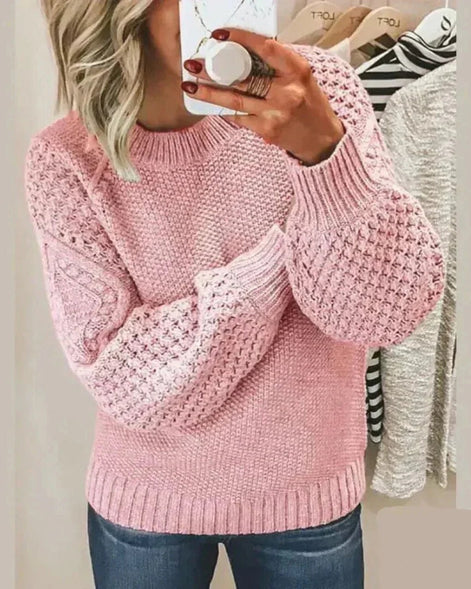 Hazel Textured Crew Neck Women's Knitted Jumper with Balloon Sleeves
