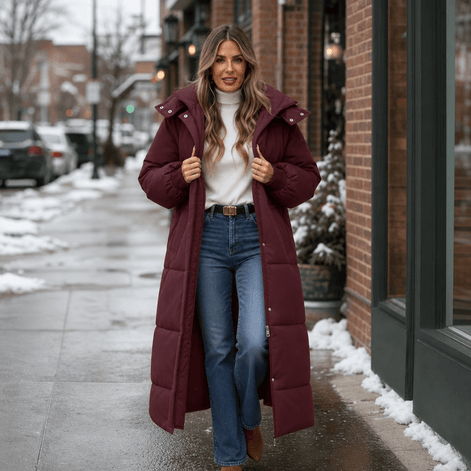 Women's Long Hooded Quilted Puffer Jacket with Pockets in Polyester