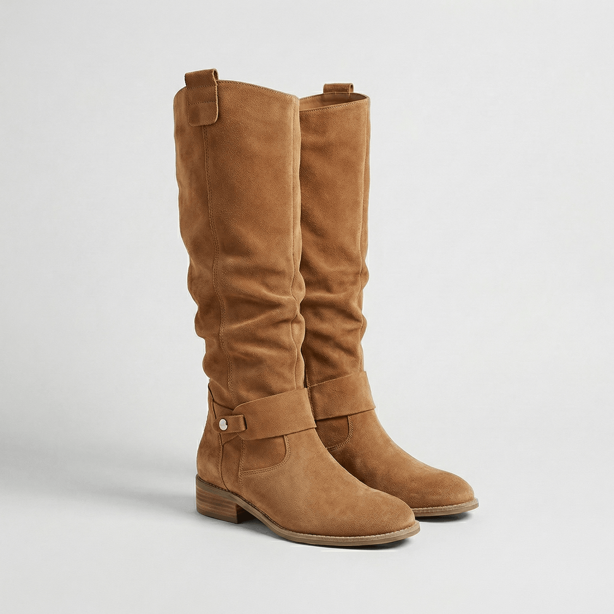 Women's Knee-High Slouch Boots with Buckle Strap Detail in Suede-Look Finish