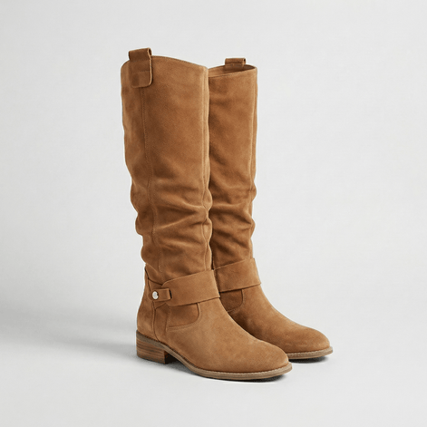 Women's Knee-High Slouch Boots with Buckle Strap Detail in Suede-Look Finish