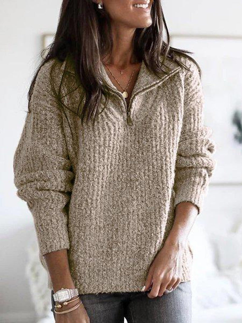 Women's Half-Zip Textured Knitted Jumper with Stand Collar
