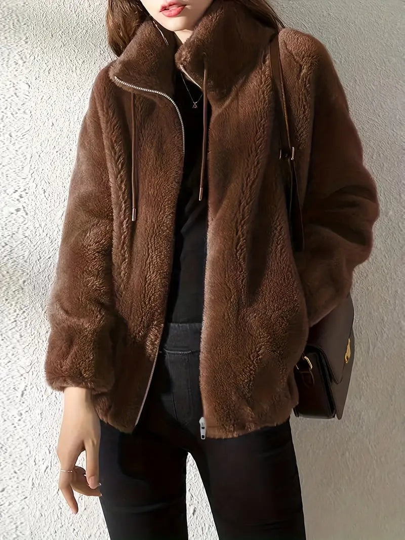 Phoebe Faux Fur Zip-Up Women's Coat with Drawstring Stand Collar