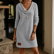 Cowl-Neck Ribbed Long-Sleeve Knit Sweater Dress with Relaxed Fit