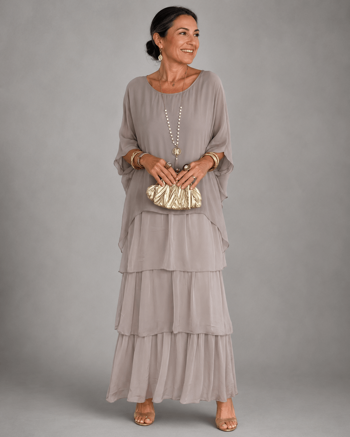 Tiered Chiffon Women's Maxi Dress with Flutter Sleeves and Layered Hem