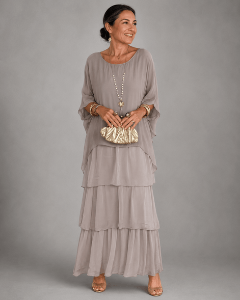 Tiered Chiffon Women's Maxi Dress with Flutter Sleeves and Layered Hem