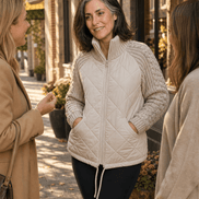 Women's Knit-Panel Quilted Puffer Jacket with Ribbed Cuffs