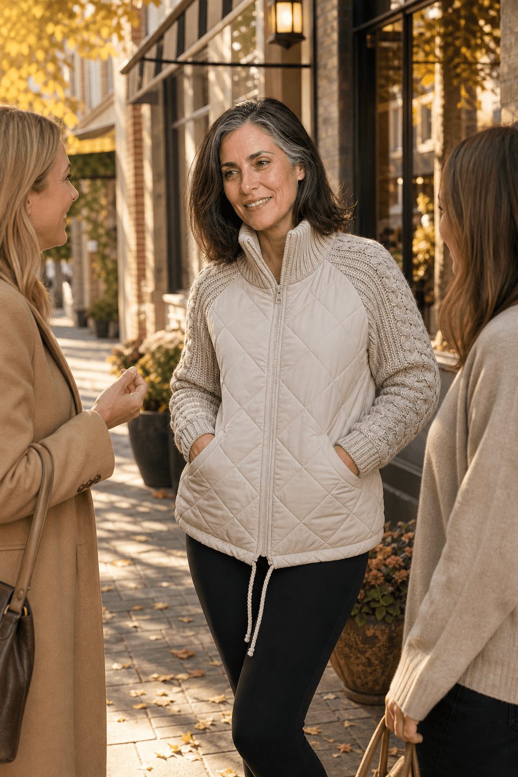 Women's Knit-Panel Quilted Puffer Jacket with Ribbed Cuffs