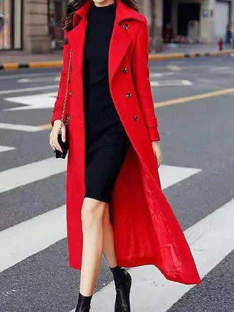 Elora Belted Shawl Collar Long Wool-Blend Coat with Button Front