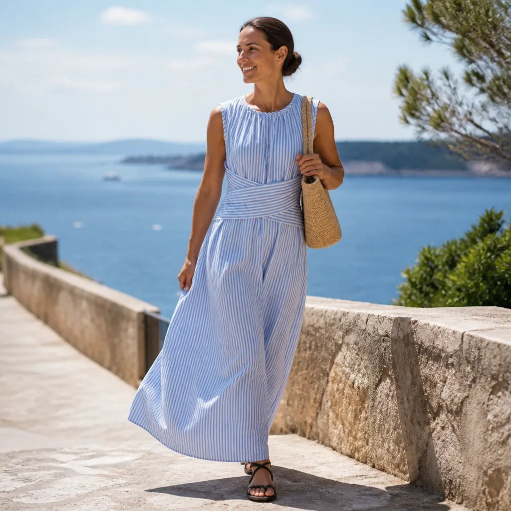 Women's Striped Wrap-Waist Sleeveless Midi Dress