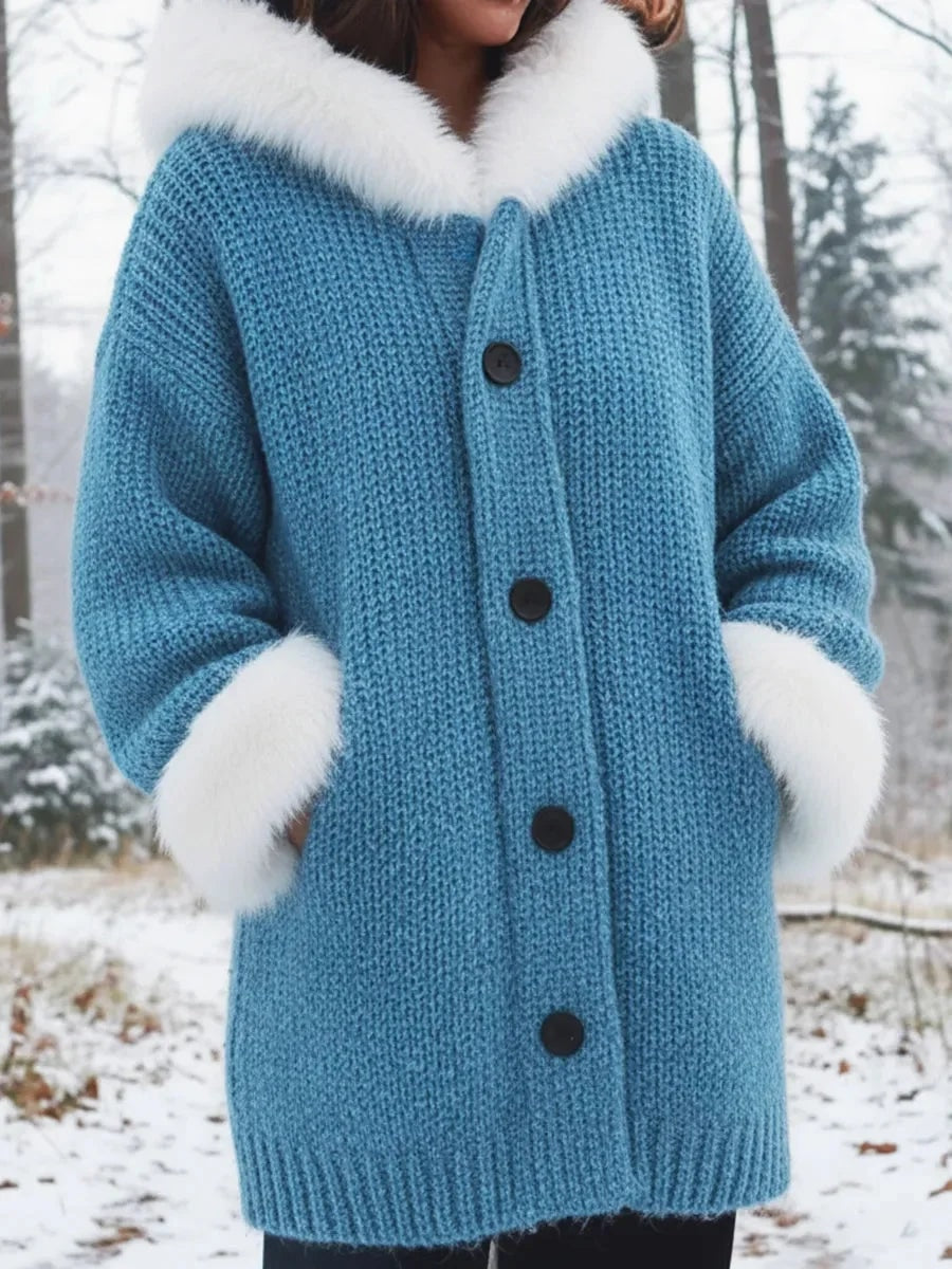 Nodia Faux Fur Trim Hooded Knit Cardigan Coat for Women
