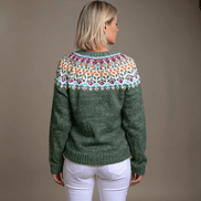 Ella Floral Yoke Button-Up Women's Knitted Cardigan with Nordic Pattern