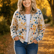 Botanical Print Zip-Up Knit Cardigan with Ribbed Trim