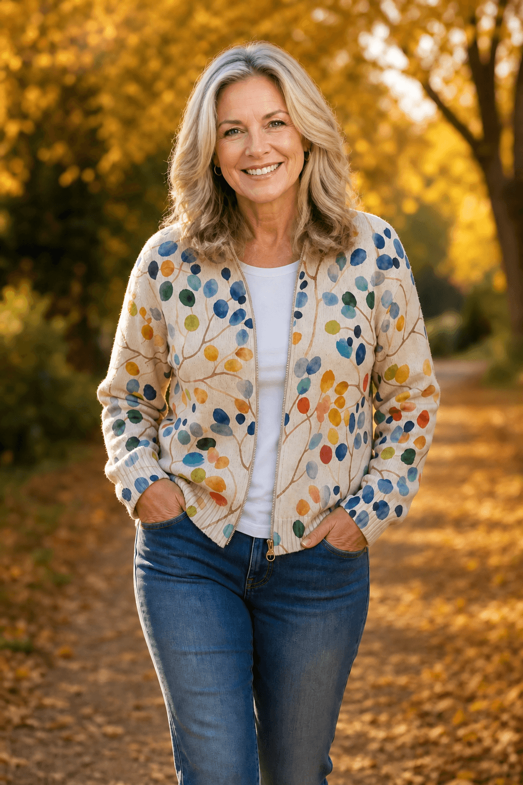 Botanical Print Zip-Up Knit Cardigan with Ribbed Trim