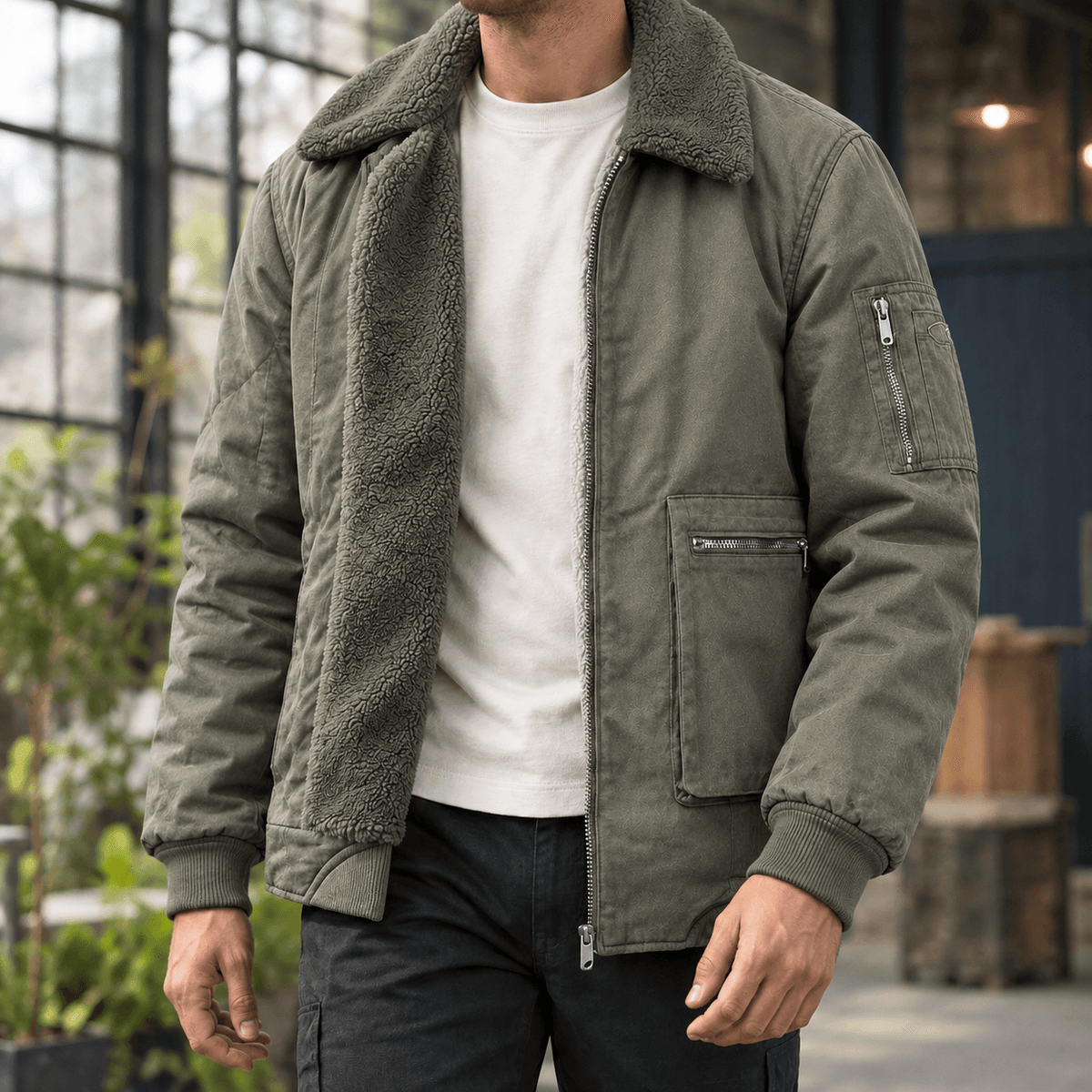Men's Sherpa-Lined Cotton Jacket with Full Zip Closure