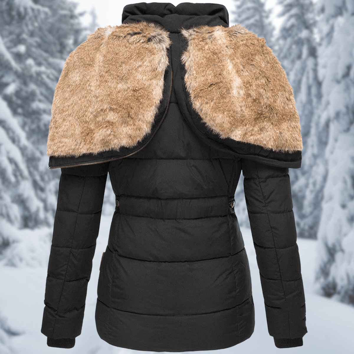 Women's Quilted Polyester Puffer Jacket with Faux Fur Trim Hood