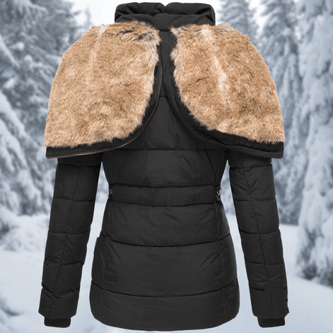 Women's Quilted Polyester Puffer Jacket with Faux Fur Trim Hood