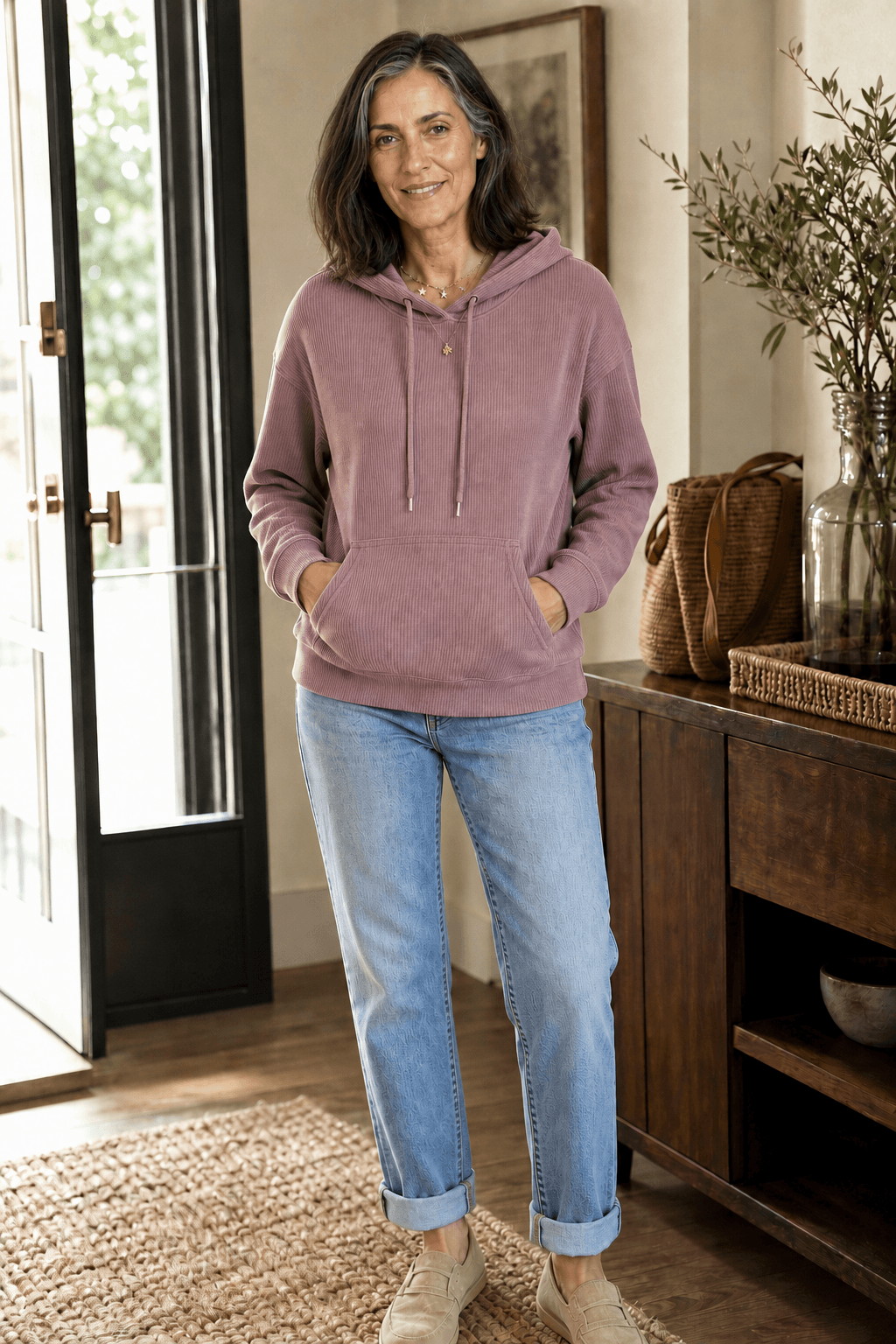 Ribbed Corduroy-Look Hoodie with Front Pocket for Women