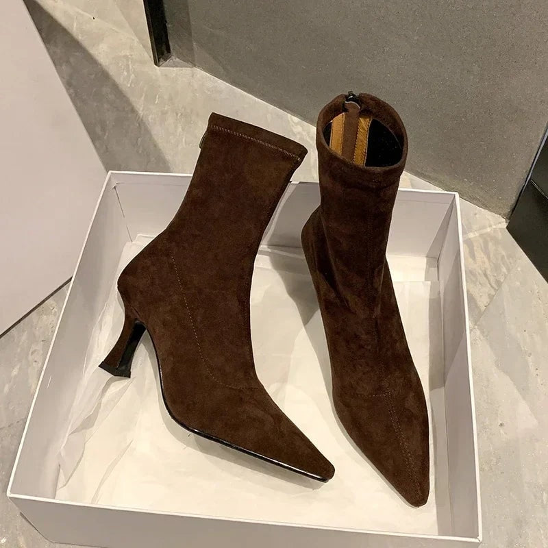 Doris Pointed-Toe Sock Boots with Kitten Heel in Suede-Effect Fabric