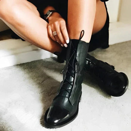 Tatum Lace-Up Cap Toe Heeled Boots in Calf-Length Leather
