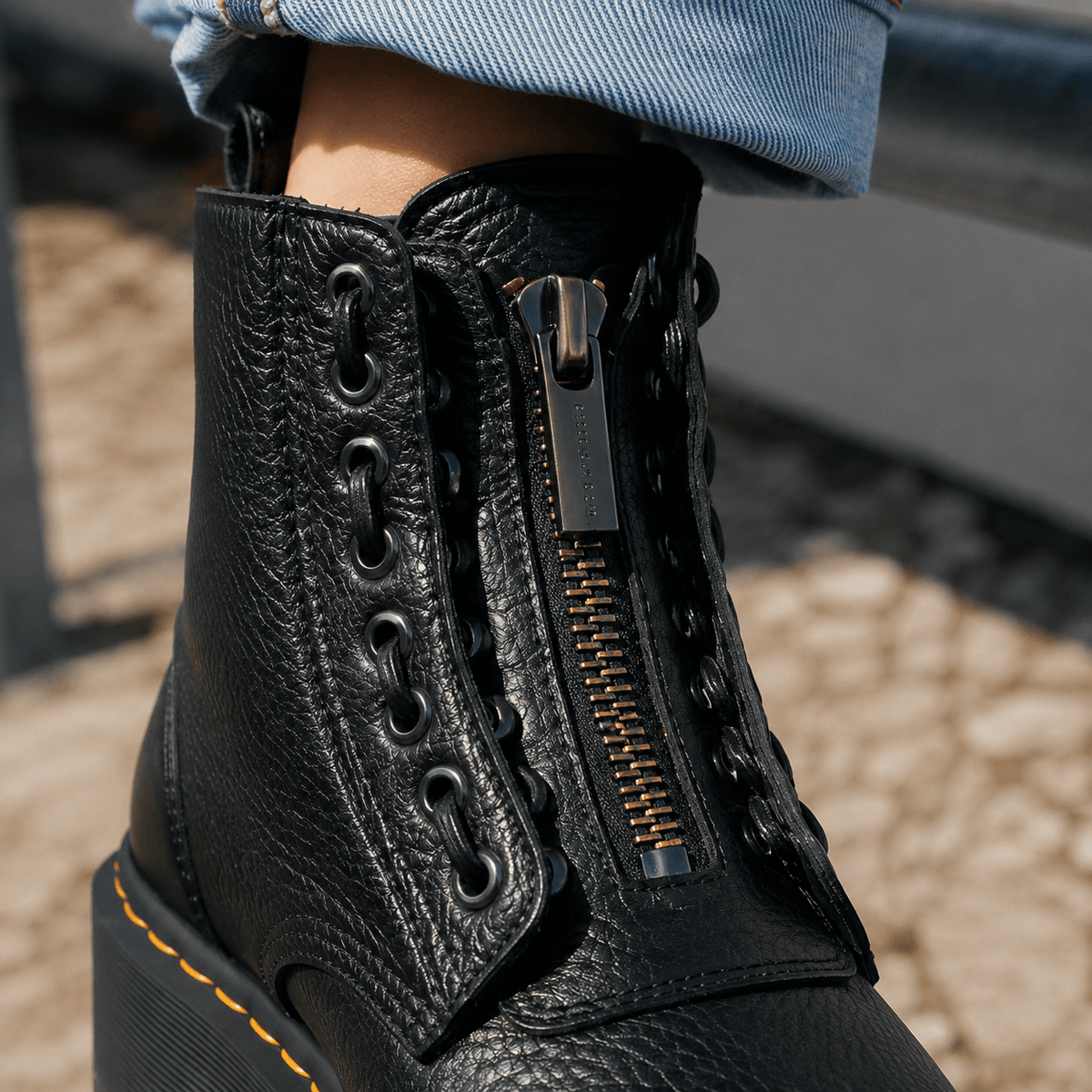 Chunky Platform Heeled Boots with Front Zip and Lace Panel Detailing