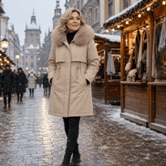 Women's Hooded Mid-Length Parka Coat with Faux-Fur Trim