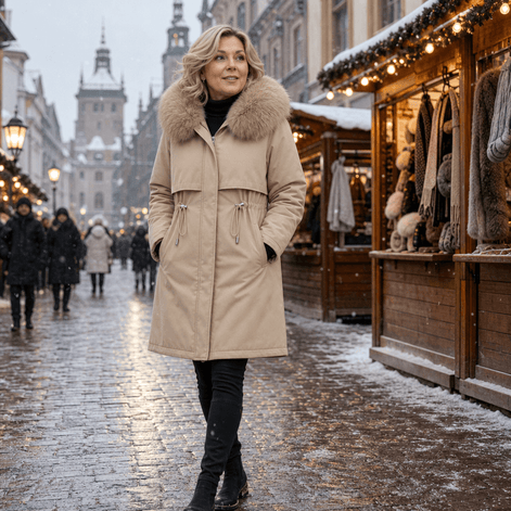Women's Hooded Mid-Length Parka Coat with Faux-Fur Trim