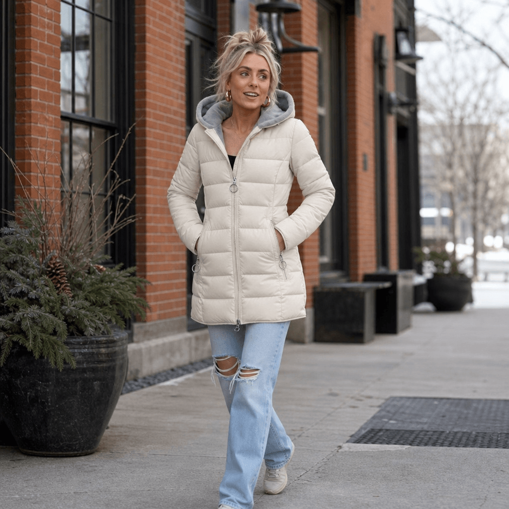 Women's Longline Quilted Puffer Jacket with Hood and Zip Pockets