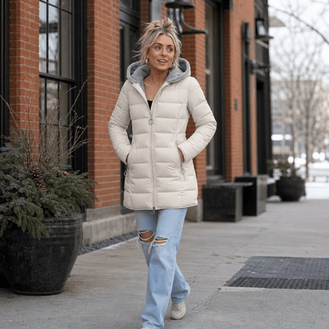 Women's Longline Quilted Puffer Jacket with Hood and Zip Pockets