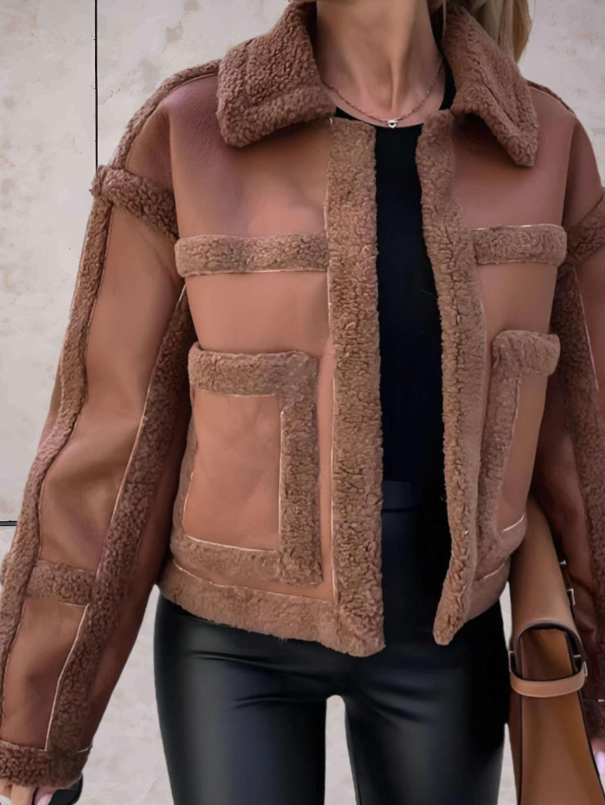 Women's Faux Shearling Panel Jacket with Notch Collar