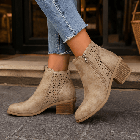 Visconti Faux Suede Cutout Ankle Boots with Block Heel and Side Zip